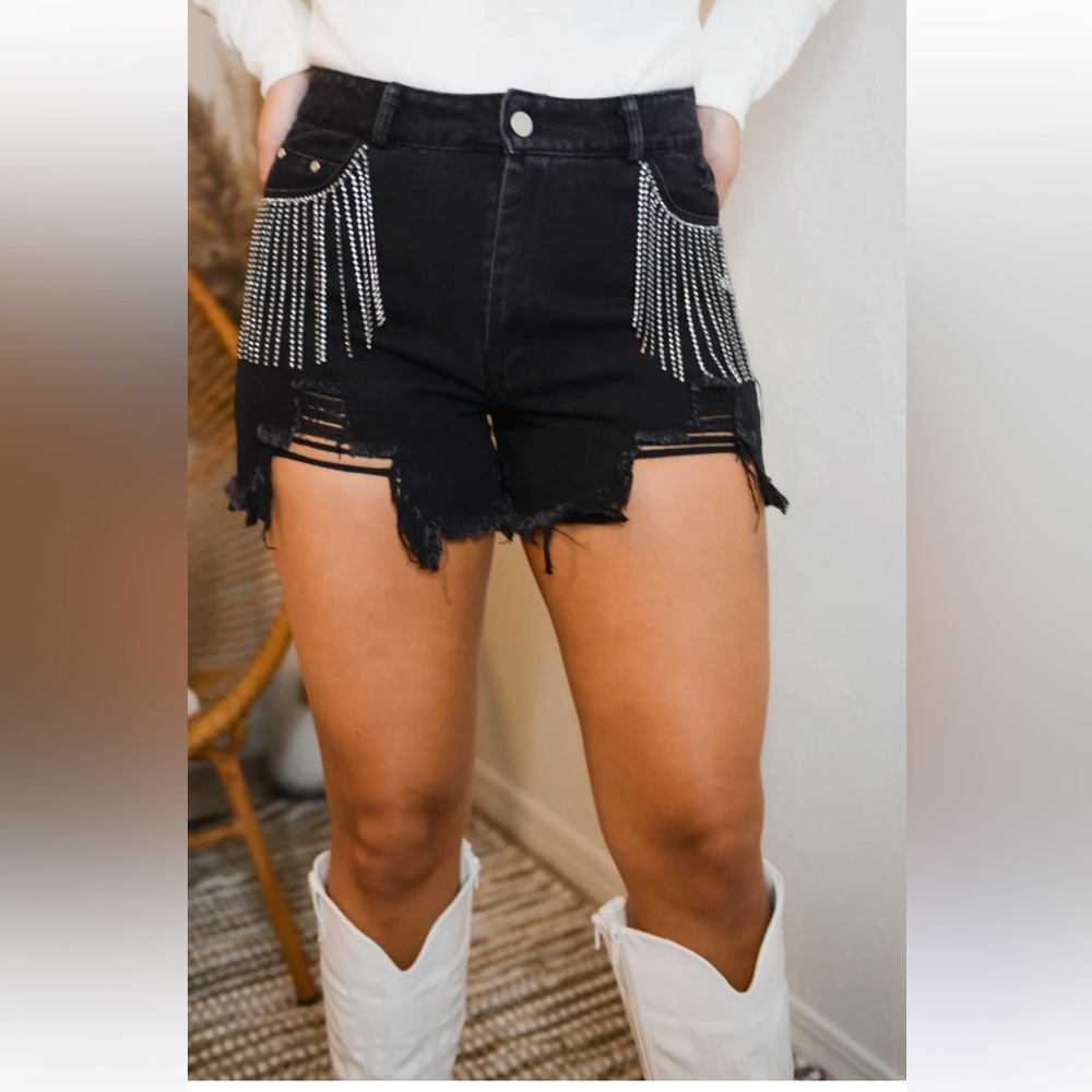 Rhinestone fringe black cut off denim shorts